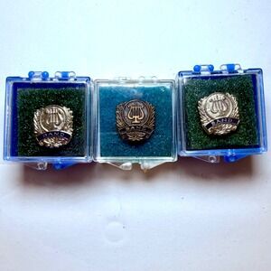 Vintage Band Lyre Harp Lapel Pins Set of 3 Silver Gold Tone Music Awards Cases